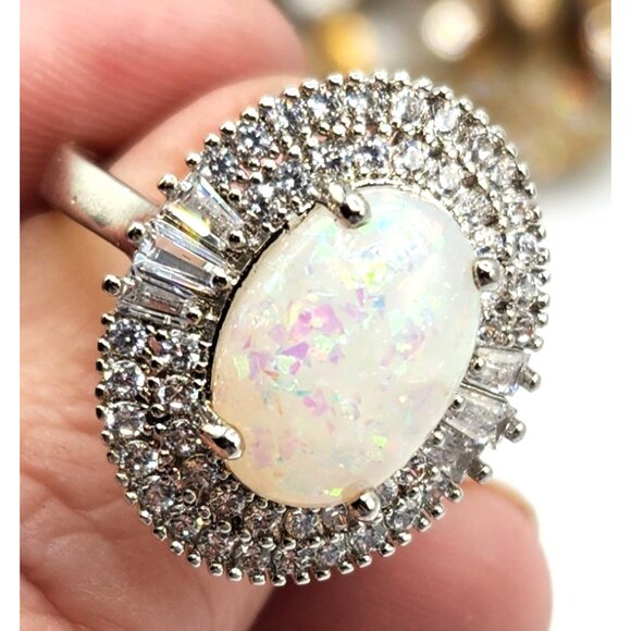 Silver Tone Faux Opal Ring - Size 7 - Picture 1 of 6